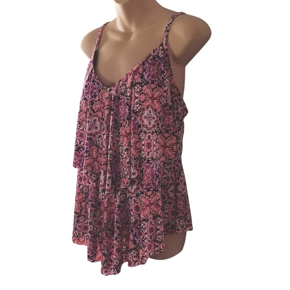 Trimshaper Tankini Top Womens 16 Asymmetical Ruffles Cruise Resort Pink Blk Wh
